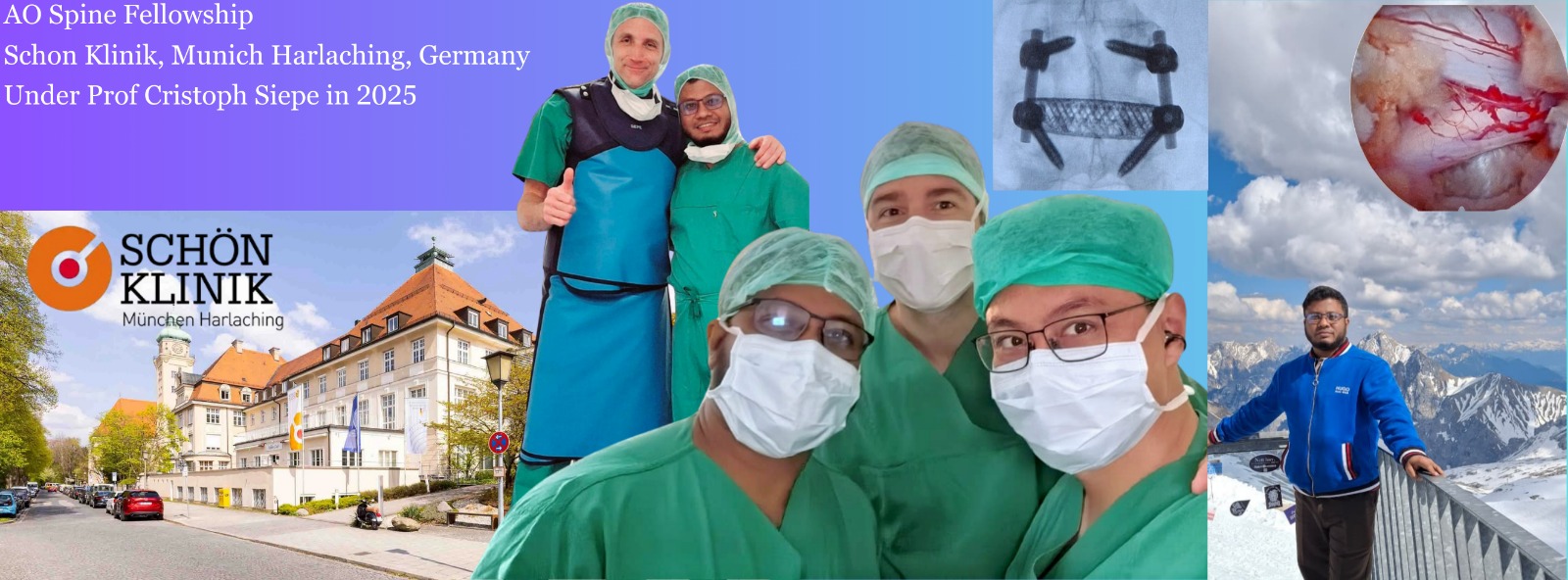 Dr. Choudhury with Professor Christoph Siepe and fellows during the AO Spine Fellowship at Schön Klinik, Munich Harlaching, Germany, 2025